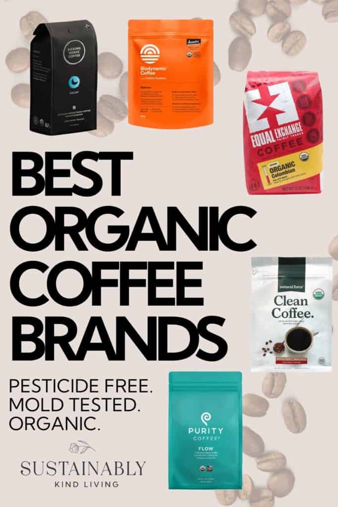 Coffee bags from Kicking Horse, Bulletproof, Equal Exchange, Natural Force, and Purity against a coffee-bean background beneath âBest Organic Coffee Brands.â