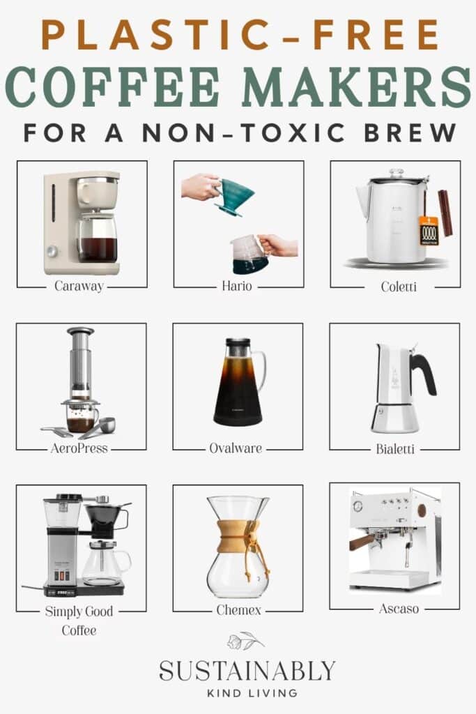 Selection of coffee makers from our reviewed picks, with the headline “Best Non-Toxic Coffee Makers.”