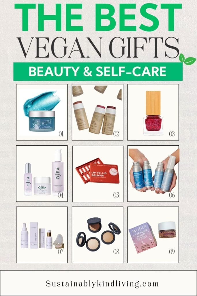 Vegan beauty gift ideas including cruelty-free skincare, makeup, nail polish, lip care, hair care, and self-care products.