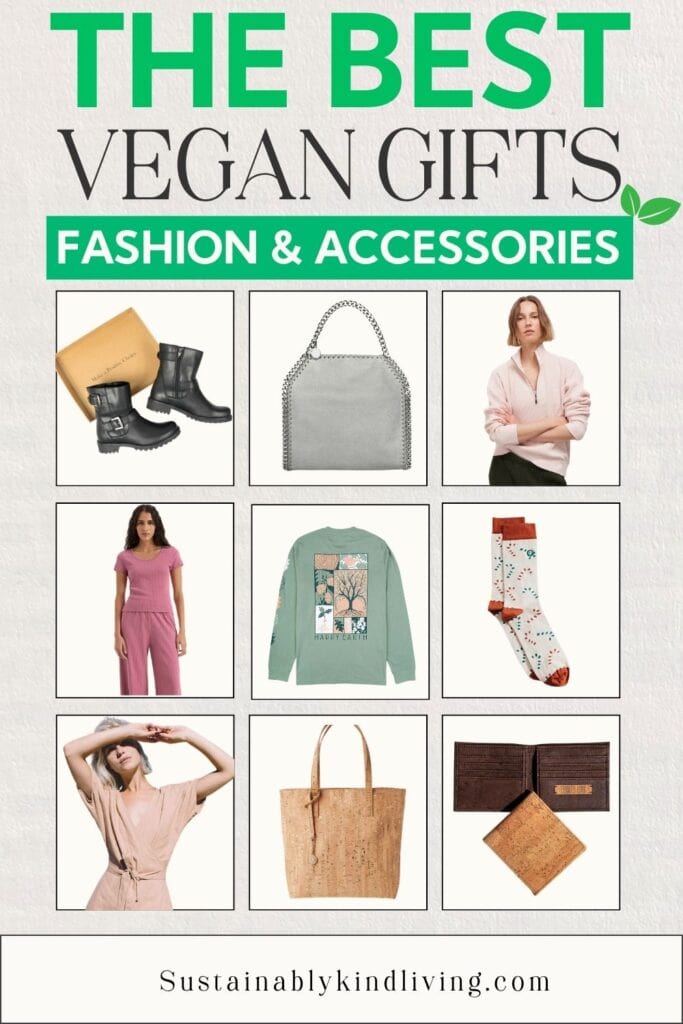 Vegan fashion gift ideas featuring animal-free shoes, handbags, clothing, socks, cork accessories, totes, and wallets.