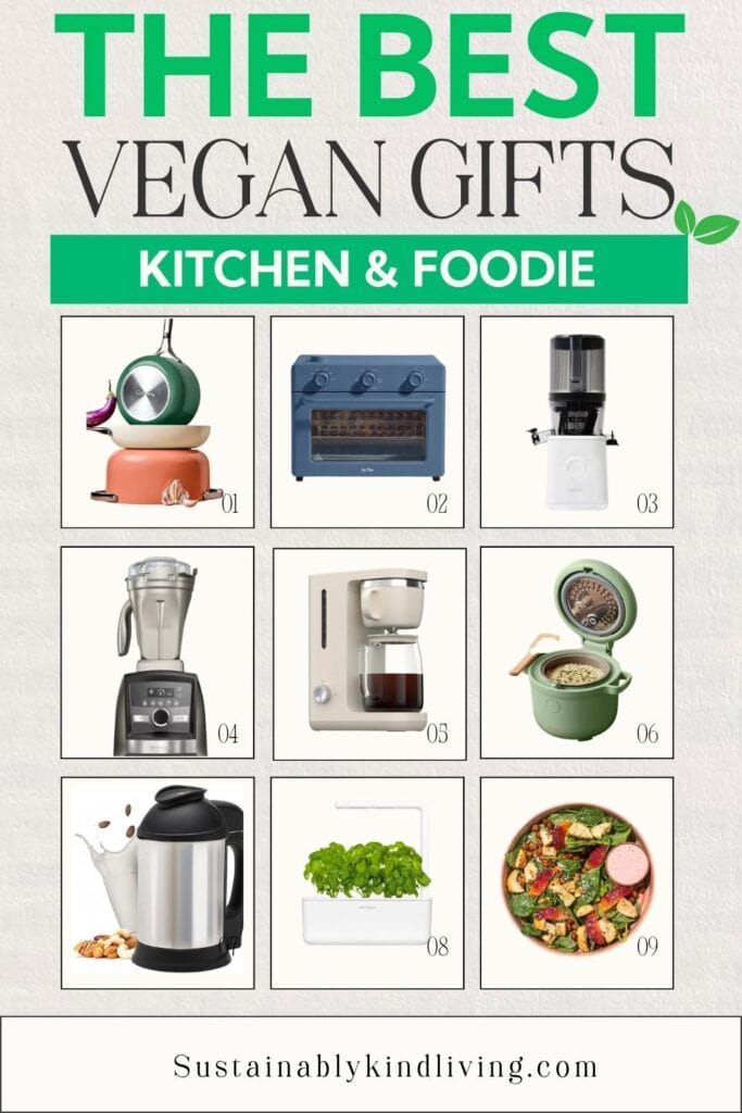 Vegan kitchen gift ideas including cookware, blender, coffee maker, rice cooker, juicer, plant milk maker, and indoor herb garden.
