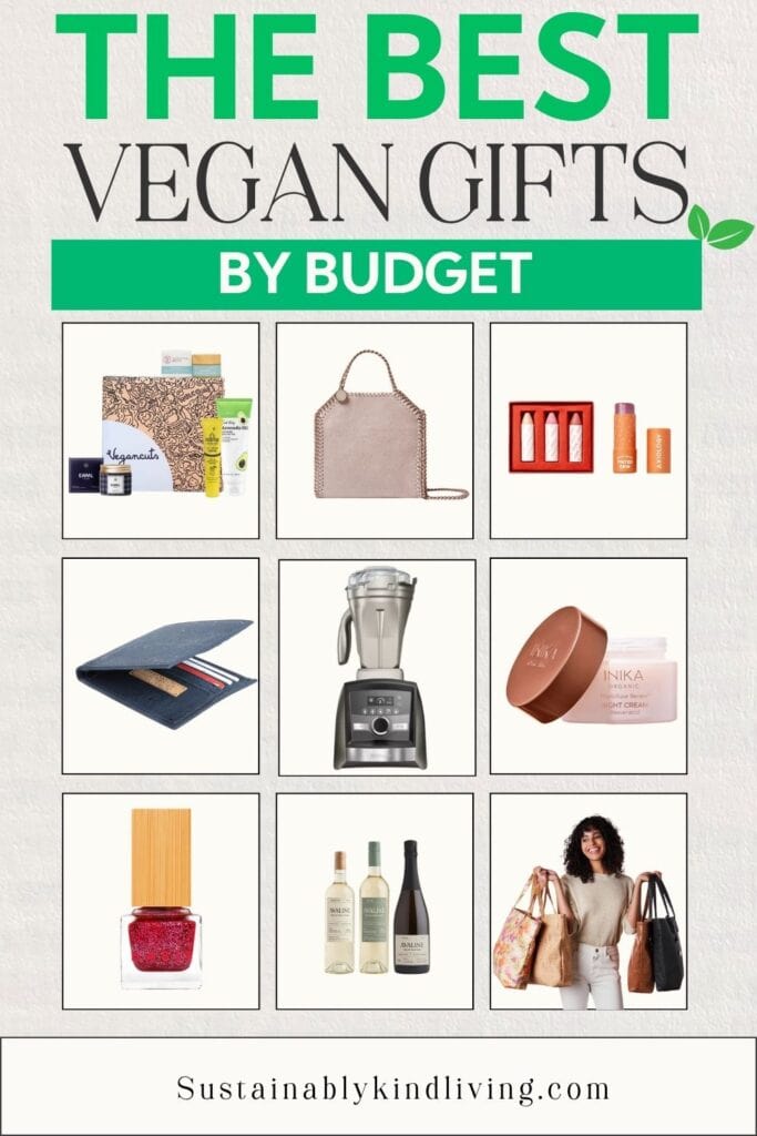 Vegan gifts for different budgets featuring beauty products, handbags, wallets, skincare, kitchen appliances, wine, and accessories.