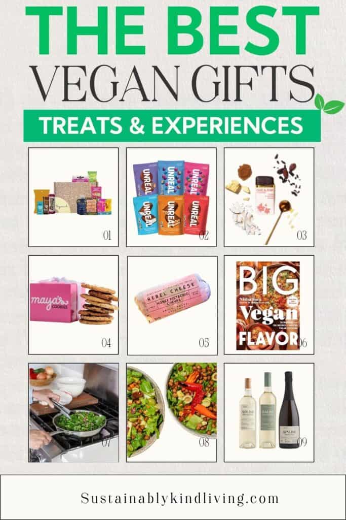 Vegan food and experience gift collage featuring vegan snack boxes, Unreal candy, chocolate, cookies, plant-based cheese, a vegan cookbook, cooking experience, salads, and wine.