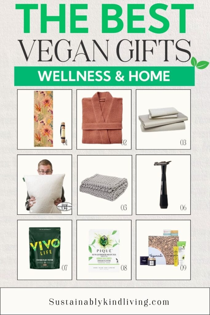 Vegan wellness and home gift ideas featuring yoga accessories, robe, bedding, pillow, blanket, personal care, plant protein, matcha, and self-care gifts.